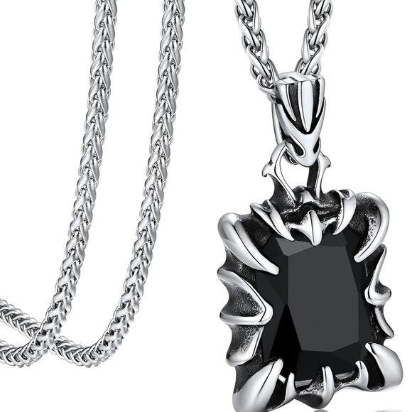 Gothic Stone Pendant Necklaces for Men Women Stainless Steel Dragon Claw Ruby/Bl